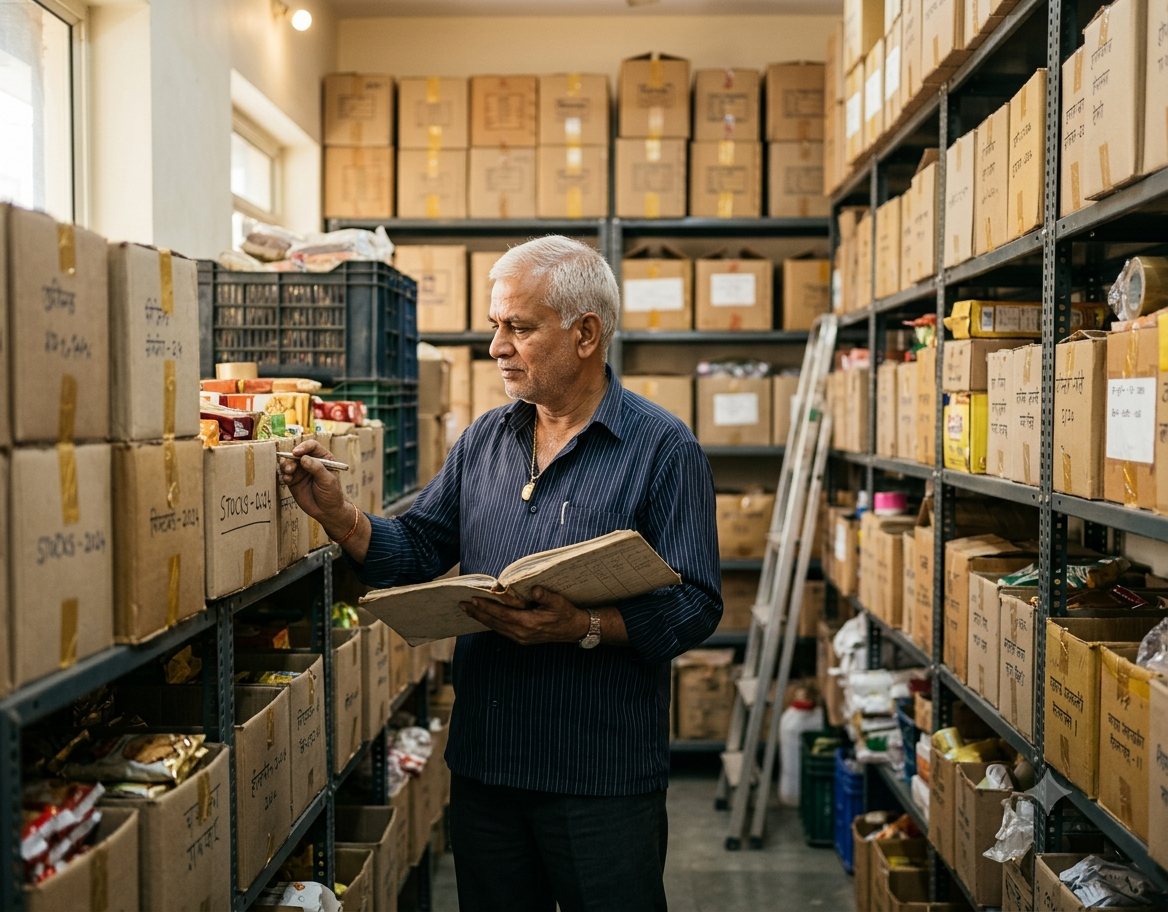Business owner checking stock in a well-stocked storeroom