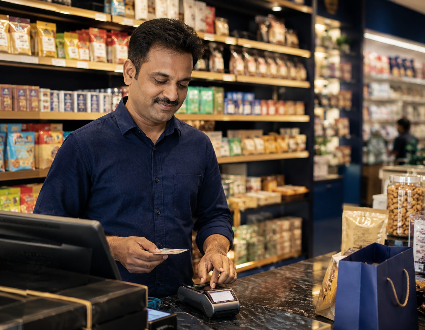 Shop owner managing daily operations at the billing counter