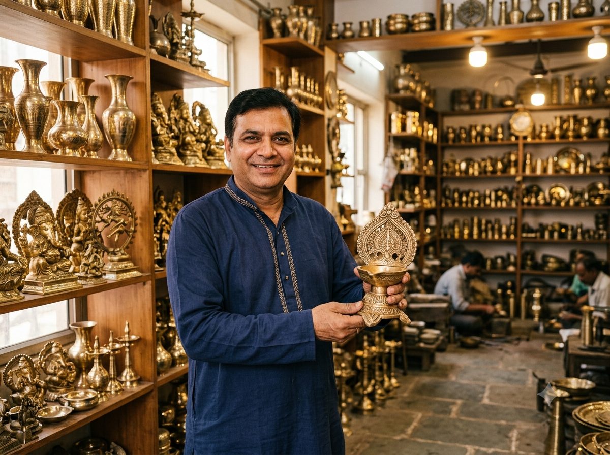 Brass handicraft exporter presenting products in his showroom