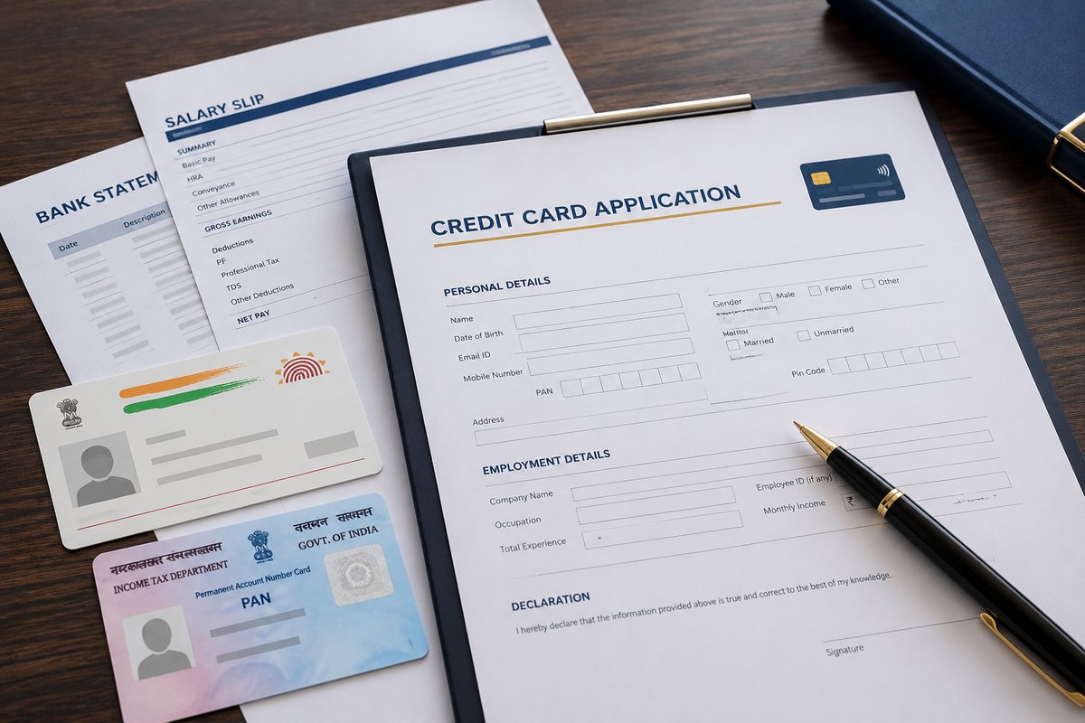 Credit card application form with PAN, Aadhaar, salary slip and bank statement