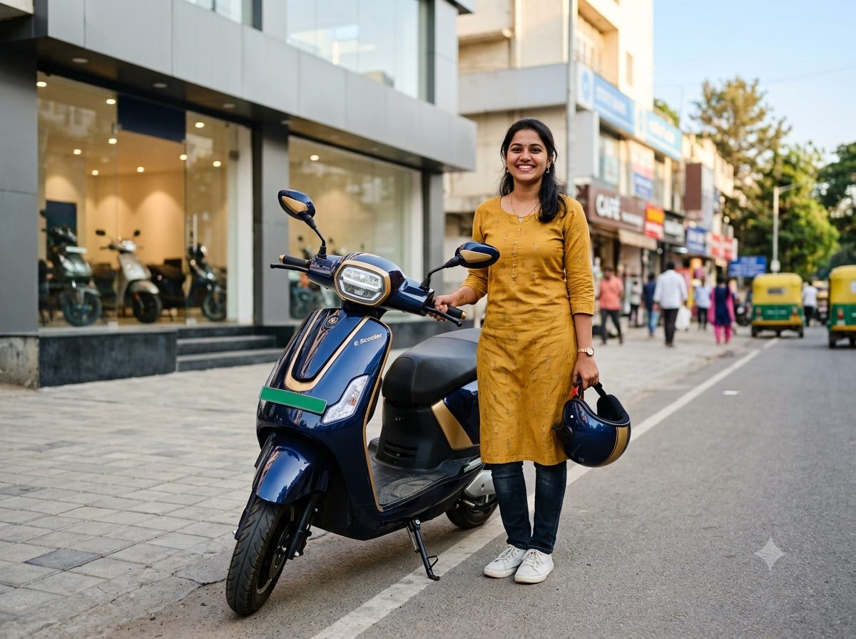 Young rider proudly standing with a new electric scooter