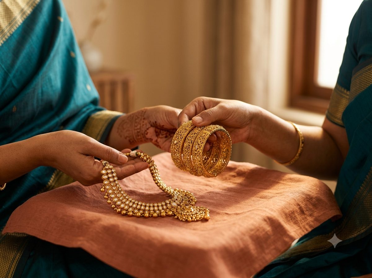 Hands presenting gold bangles and a necklace