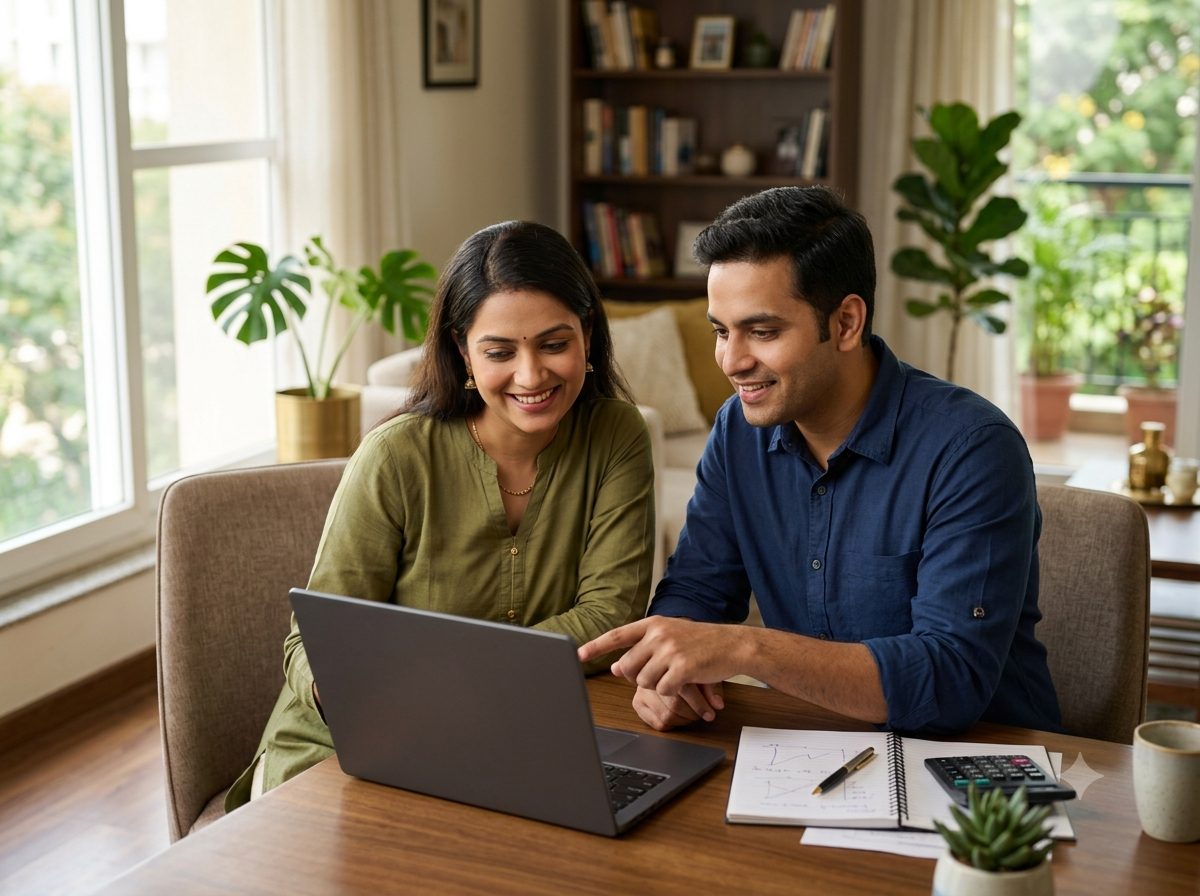 Young couple planning their financial future at home